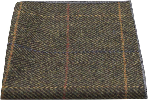 King & Priory Luxury Dark Olive Green Herringbone Check Pocket Square, Handkerchief, Tweed...