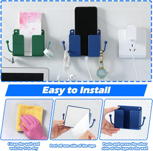 3PC Self-Adhesive Wall Mount Phone Holder, Pink Phone Stand for Bed, Wall-Mounted Waterproof Shower Phone Holder Remote Control Holder with Hooks,...
