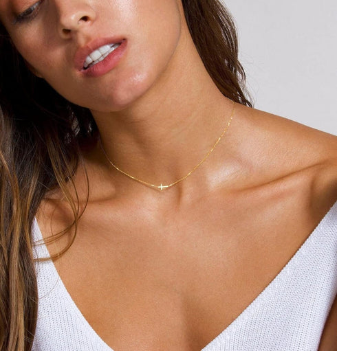 Foxgirl Gold Cross Necklaces for Women, Dainty Small Cross Chain Pendant Choker Necklace Simple Cute Tiny Sideways Cz Cross Gold Necklace for Wome...