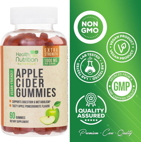 Vegan Apple Cider Vinegar Gummies | Max Strength 1000mg | ACV Supplement Gummy Vitamins for Adults, Supports Digestion, Metabolism, Natural Apple ...