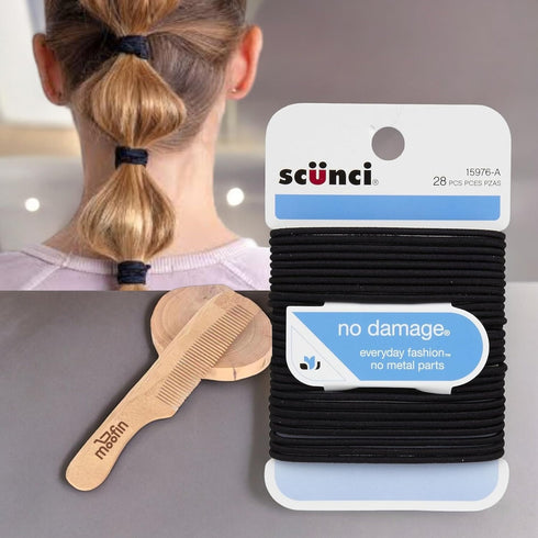 Black Hair Bands, 0.5 Oz - No Damage Black Hair Ties Elastic | Bundled With Wooden Comb - Medium Size Black Elastic Hair Ties, Gentle & Snag-Free ...