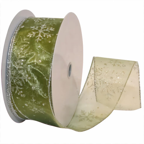 Morex Snowflake 2.5" X 50 YD Nylon Sheer Wired Glitter Ribbon in Spring Moss/Silver...