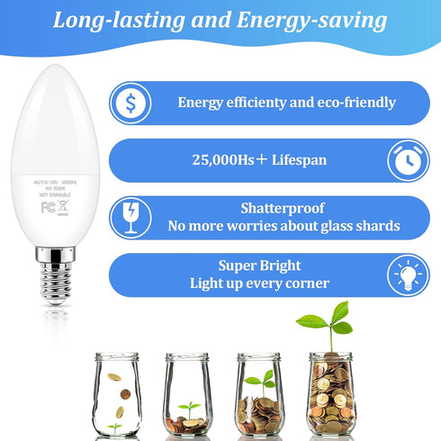 Brightever Candelabra 40W Equivalent LED Light Bulbs, 4W Candle Light Bulbs with Small E12 Base, Daylight White 5000K Ceiling Fan Lightbulbs, Type...
