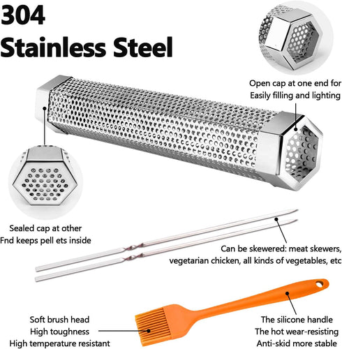 Smoke Tube for Pellets, YiiMO 12'' Pellet Smoker Up to 6Hrs of Cold Hot Smoking, Brush n Meat Sticks, Portable Hexagon Fits All Electric Gas Charc...