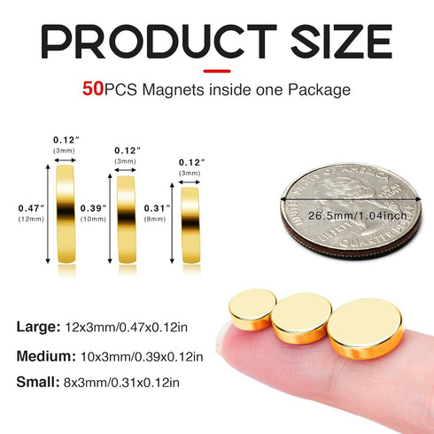 Small Magnets, 3 Different Size Golden Magnets, 50Pcs Tiny Circle Rare Earth Magnets Strong Neodymium Magnets for Whiteboard, Small Refrigerator M...
