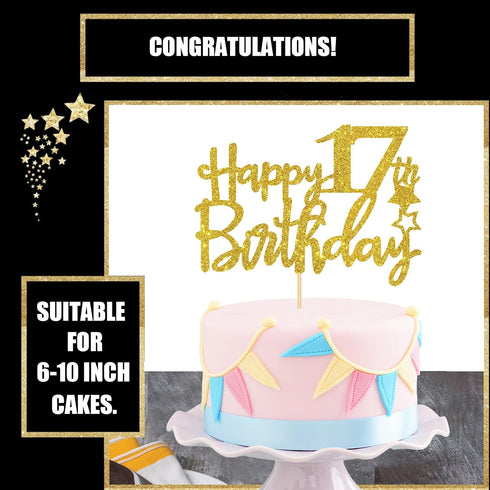 Gold Glitter Happy 17th Birthday Cake Topper - 17 Cake Topper - 17th Birthday Party Supplies - 17th Birthday Party Decorations...