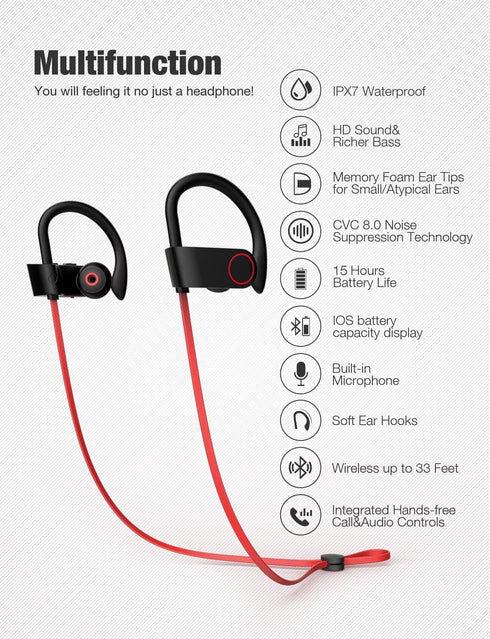 Otium Bluetooth Headphones, Wireless Earbuds IPX7 Waterproof Sports Earphones with Mic HD Stereo Sweatproof in-Ear Earbuds Gym Running Workout 15 ...