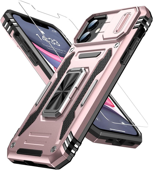 MERRO for iPhone 11 Case with Screen Protector,Sliding Camera Cover,Military-Grade Cover with Magnetic Stand Phone Case 6.1" Rose Gold...