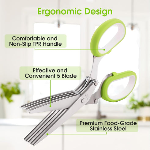 Herb Scissors With 5 Blades and Cover - Multipurpose Kitchen Shears for Cutting and Stripping - Dishwasher Safe, Green...