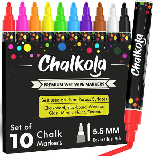Chalkola Chalk Markers for Blackboard, Chalkboard, Window, Bistro, Car Glass, Board, Wall Calendar (10 Pack, 6mm Reversible Tip) - Wet Wipe Erasab...