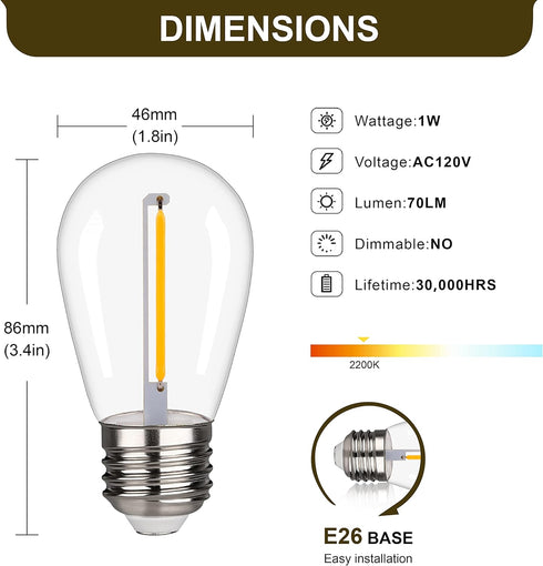 S14 Outdoor String Light Bulbs, Shatterproof Replacement Bulbs, 1W Equivalent to 10W, Waterproof 2200K Warm White Led Light Bulbs, E26 Base 25 Pac...