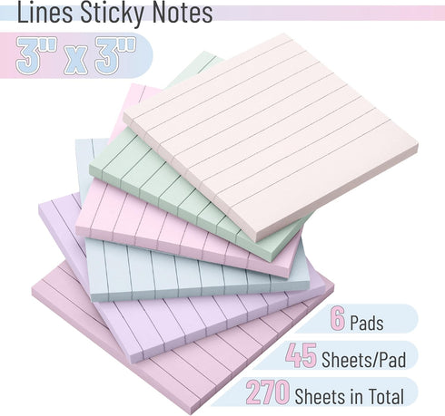 Mr. Pen- Lined Sticky Notes 3x3, 6 Pads, 45 Sheet/Pads, Pastel Colors, Sticky Notes with Lines, Sticky Note Pads, Sticky Pads, Sticky Notes Lined,...