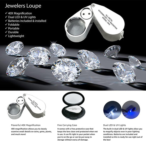Diamond Tester Pen,High Accuracy Jewelry Diamond Tester?40X Full Metal Jewelers Eye Loupe,LED/UV Illuminated Pocket Folding Magnifying Glass,Profe...