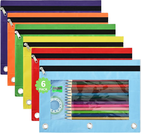 6 Pack Binder pencil pouch, Multi-color Pencil Pouch for 3 Ring Binder, Sturdy Zipper Pencil Pouches with Clear Window, Waterproof Cosmetic Bag fo...