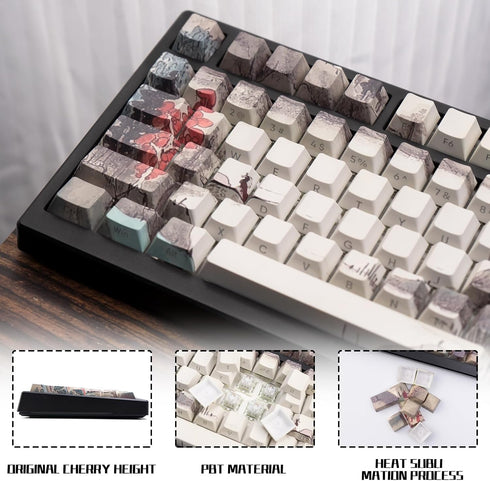 PBT Keycaps - Side Printed Keycap Set, Dye Sublimation Shine Through Custom Keycaps, Cherry Profile 135 Keys Landscape Painting Style Phantom Keyb...