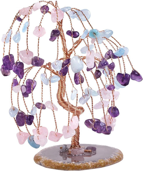SUNYIK Handmade Amethyst/Rose Quartz/Aquamarine Crystal Money Tree Set on Natural Agate Slice Base, Tree of Life Healing Crystals Chip Stone Bonsa...