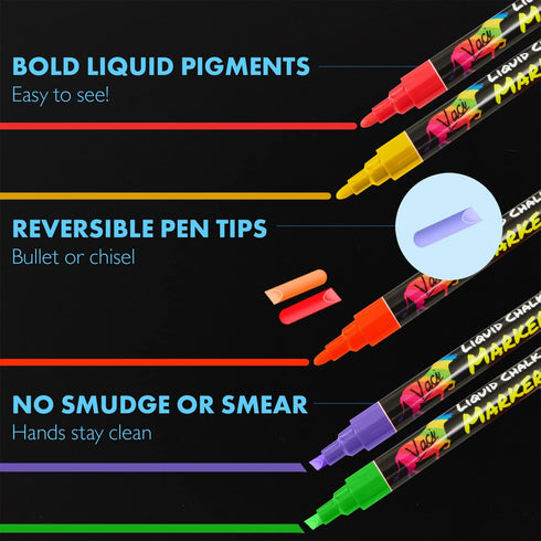 Vaci Neon Liquid Chalk Markers - Erasable Chalk Pens for Chalkboard, Car Window, Glass, Mirror, Blackboard with Reversible Fine Tip - 10 Pack...