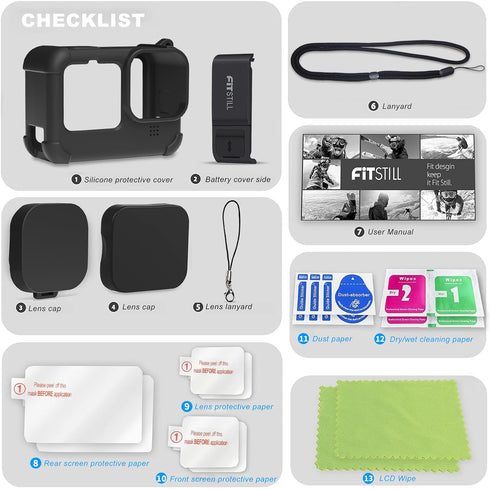 FitStill Black Silicone Sleeve Case for Go Pro Hero 12/Hero 11/Hero 10/Hero 9 Black,Battery Side Cover&Screen Protectors& Lens Caps&Lanyard for Go...