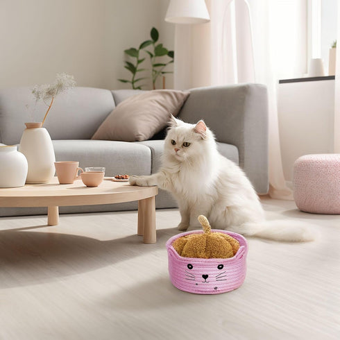 2 PCS Small Woven Basket Cat Ear Basket, Animal Cotton Rope Storage Basket with Cat Ears, Round Decorative Storage Baskets Cute Cotton Rope Cat Ba...