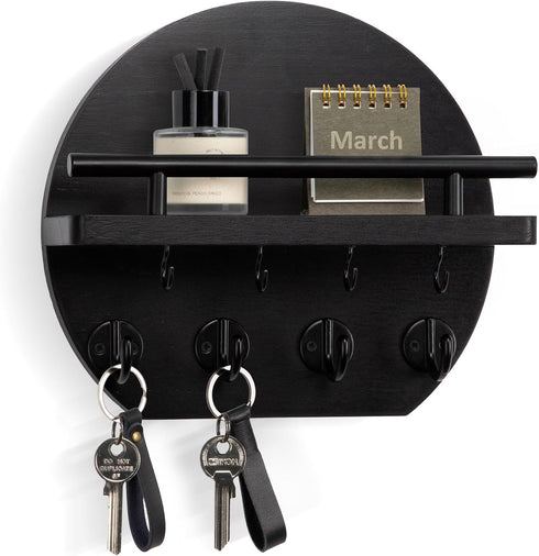 Key Holder for Wall - 9.8 Inch Apartment Wall Decor with Shelf and 8 Key Hooks, Circular Wood Key Hanger for Home Decor (Black)...
