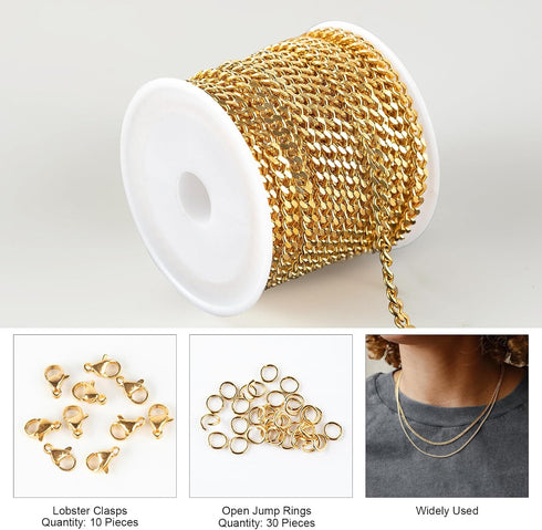 Kyutong 16.4 Feet Gold Plated Craft Chains for Jewelry Making Stainless Steel Curb Chain Roll Twisted Chain Links for Women Men Necklace Bracelet ...