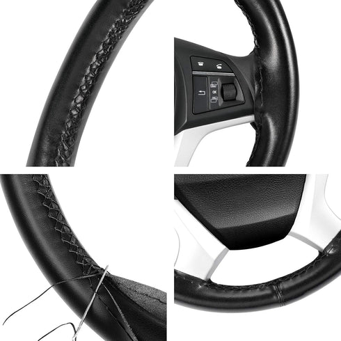 SEG Direct Genuine Leather Steering Wheel Cover, Stitch On Wrap, for 14 1/2-15 inches Round and D-Type Steering Wheels, Black...