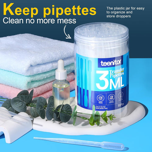 Teenitor 80PCS 3ML Pipette Dropper, Eye Dropper, Disposable Plastic Eye Droppers for Crafts, Droppers for Oils Transfer Pipettes for Essential Oil...