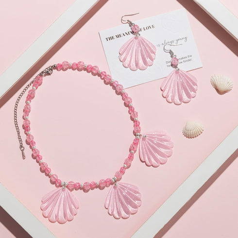 Pink Seashell Necklace Earrings Set Girls Costume Dress Up Accessories Jewelry for Girls Women...