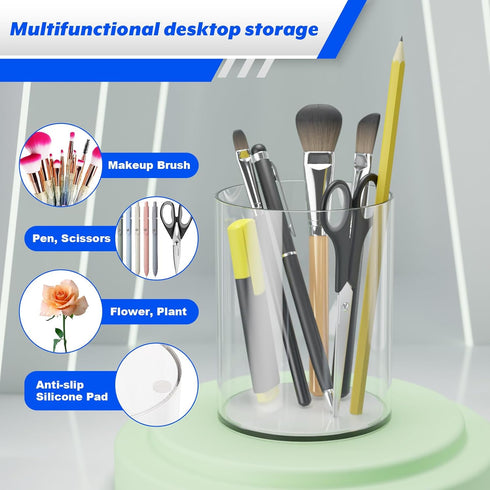 Clear Acrylic Cylinder Pen Holder with Anti-slip Silicone, Round Makeup Brush Storage, Desk Organizer for Office, Home, School Supplies...