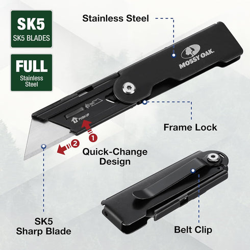 MOSSY OAK 2-pack Folding Pocket Utility Knife Set, Quick Change Box Cutter with Frame Lock, EDC Foldable Razor Knife with Belt Clip, Stone Washed...