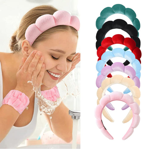 Spa Headband for Washing Face, Velvet Makeup Headband, Bubble Skincare Headbands with Face Wash Wristbands, Sponge Puffy Headband for Women Skin C...