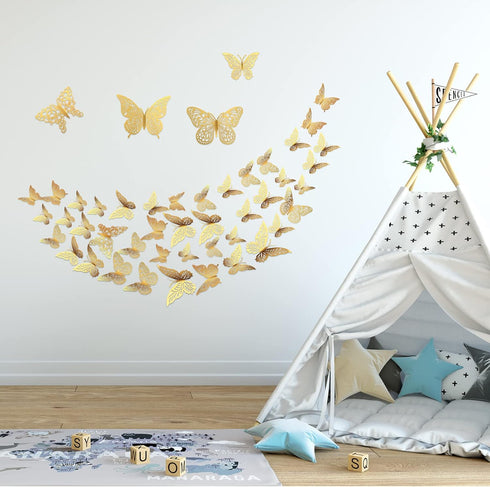 3D Gold Butterfly Wall Decor 3 Sizes 4 Styles Butterfly Party Decorations Cake Decorations Removable Stickers Wall Decor Room Mural Metallic Kids ...