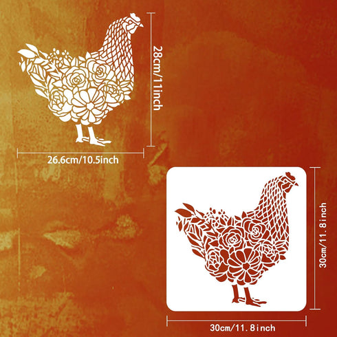 FINGERINSPIRE Chicken Stencil 11.8x11.8inch Rooster with Flowers Grass Drawing Template Hen Rooster Farmhouse Stencil Plastic PET Painting Stencil...
