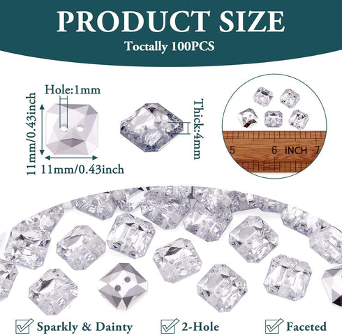Pandahall 100pcs 2-Hole Acrylic Crystal Clear Rhinestone Sewing Fastening Buttons Jewelry Scrapbooking Octangle 0.43x0.43 Inch Faceted Hole: 1mm...
