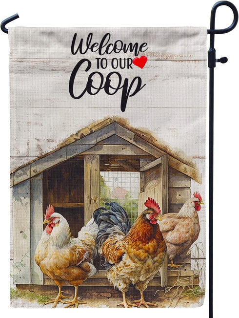 Rooster Garden Flag, Welcome to our Coop farmhouse Garden Flag 12x18 Inch Garden Flag - Perfect for Your Outdoor Hanging Decorations...