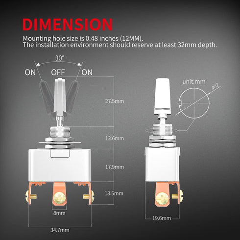 DaierTek ON-Off-ON 3 Position Toggle Switch 50 Amp 12V Heavy Duty 3 Way Toggle Switch SPDT 3 Pin 12 Volt for Automotive Car -2pcs...