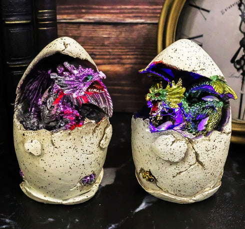 Ebros Metallic Colorful Medieval Fantasy Egg Hatchling Baby Dragon Wyrmling Twins Figurines Set of 2 Equipped with LED Night Lights Dungeons and D...