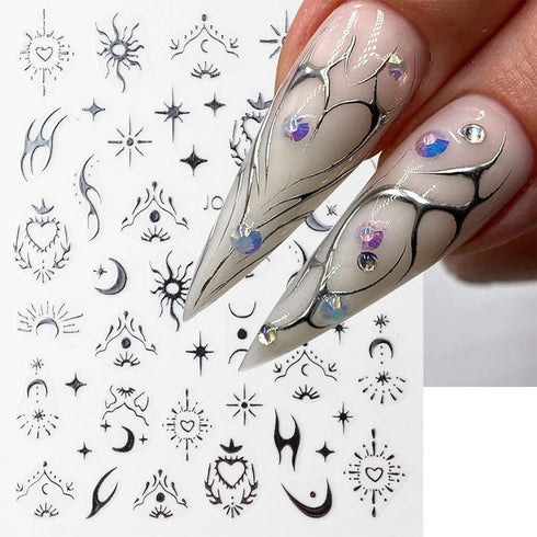 Laser Silver Nail Art Sticker Decal Sun Moon Butterfly Design Nail Decals 3D Self-Adhesive Nail Art Supplies Love Heart Flower Flame Nail Art Stic...