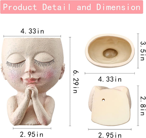 Cute Succulent Planter - Face Planter Flower Pot - Kawaii Head Planters -Unique Outdoor Indoor Planter - with Drainage Hole - (Doll Blessing)...