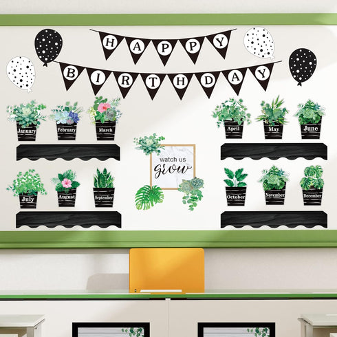 95 Pcs Happy Birthday Bulletin Board Set Boho Plant Birthday Calendars Pocket Chart Bulletin Board Decor Eucalyptus Birthday Classroom Decorations...
