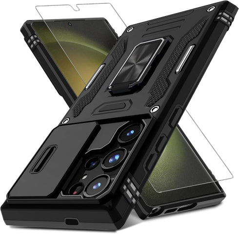 DEERLAMN for Samsung Galaxy S24 Ultra Case with Slide Camera Cover+Screen Protector (1 Pack), Rotated Ring Kickstand Military Grade Shockproof Pro...