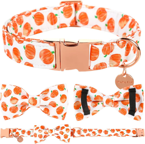 Halloween Dog Collar with Bow Tie, Pumpkin Cotton Bowtie Collar for Puppy Girl Boy Dog or Cat, Fall Dog Collar Bowtie with Metal Buckle, Adorable ...