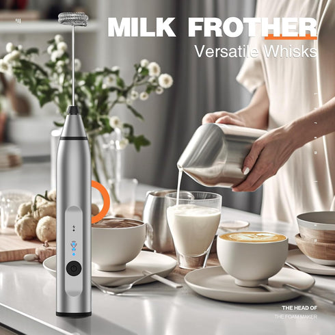 Milk Frother Rechargeable Handheld Whisk Coffee Frother Mixer with 3 Stainless whisks 3 Speed Adjustable Foam Maker Blender for Coffee Matcha Latt...