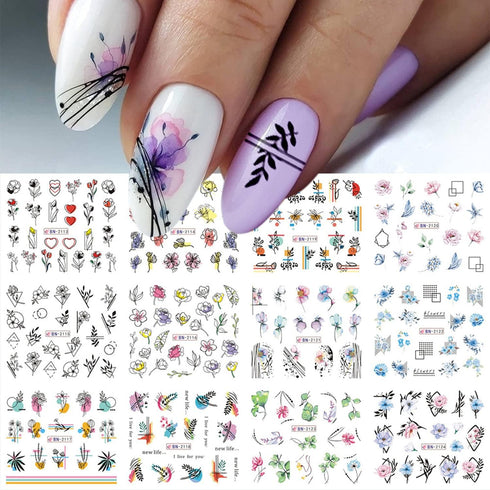 24 Sheets Summer Flowers Nail Art Stickers, Holographic Flower Leaf Nail Water Transfer Decals Designs, Floral Leaves Nail Art Sticker Supplies fo...
