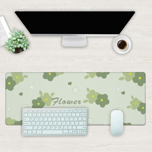 Desk Mat, Kawaii Green Flower Extended Gaming Mouse Pad Large, 31.5"x11.8" Big Mouse Pad with Non-Slip Base and Stitched Edge, Long Computer Keybo...