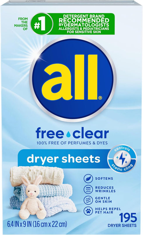 all Fabric Softener Dryer Sheets for Sensitive Skin, Free Clear, 195 Count...