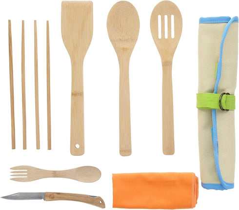 ust Camp Kitchen roll up with 7 Piece Bamboo Utensil Set in a Portable Organizer for Cooking, Camping, and Everyday use...