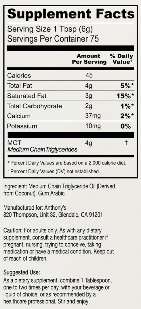Anthony's Premium MCT Oil Powder 56% C8 Caprylic, 42% C10 Capric, 1 lb, Gluten Free, Non GMO, Keto Friendly...