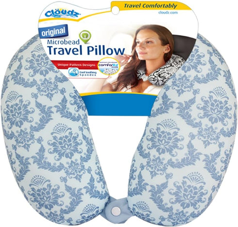 Cloudz Patterned Microbead Airplane Travel Neck Pillow. Customize Your Comfort and Support While Traveling on a Plane, Car, Bus or Train! - Blue P...