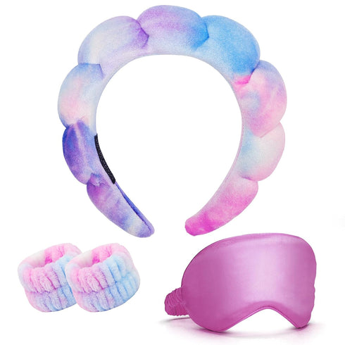 CAVETEE Spa Headband With Sleep Eye Mask Set, Spa Party Decorations Bubble Headband Thick Sponge Headband with Strong Water Absorption for Makeup ...